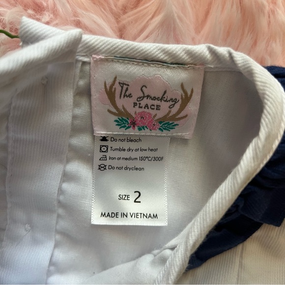 The Smocking Place Navy Blue White Cherry Embroidered Ruffle Blouse & Bloomers 2 - Picture 6 of 8